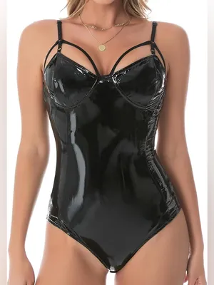 One Piece Halter Sexy Wet Look Leather Leotard Bodysuit in Black Tuzi Sz. Small thumbnail 1