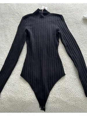 Quince Stretch Ribbed Organic Cotton Cashmere Long Sleeve Bodysuit Black Size S thumbnail 10