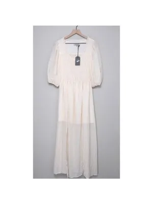 NWT All Saints Livi Tex Maxi Dress 6 Off White Ruched Puff Sleeve Smocked Slit thumbnail 4