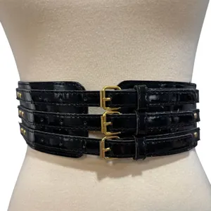 VTG Y2K Black Patent Leather Corset Belt Triple Buckle Whimzigoth Punk Gothic thumbnail 1