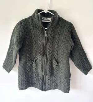 Aran Crafts Army Green Ireland 100% Irish Merino Wool Front Zip Chunky Sweater thumbnail 1