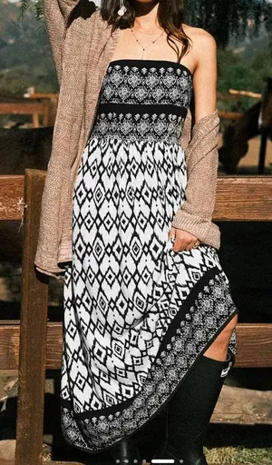 Cupshe Black & White Geo Sleeveless Maxi Tube Dress XL NWT Resort Boho Spring thumbnail 1