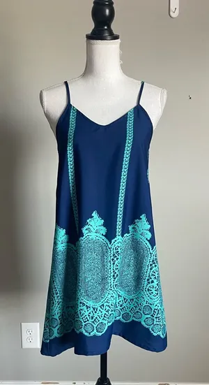 Navy Blue & Teal Graphic Print Mini Slip Dress Sz M thumbnail 1