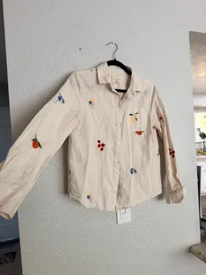 Sézane x Pangea Tomboy Shirt Fruit Floral Embroidered Ecru Linen Button down thumbnail 12