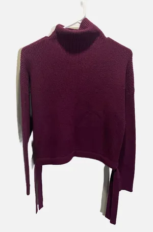 BCBGMAXAZRIA Mock Neck Sweater Womens XXS Purple Side Tie Knit Cropped Chic‎ thumbnail 1