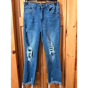 Risen Jeans Womens Size 31/13 Distressed High Rise Straight Leg Raw Hem thrashed thumbnail 3