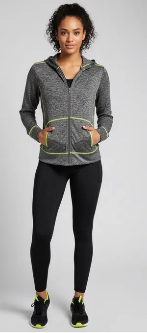 Heather Gray Zip-Up Hoodie with Neon Yellow Trim thumbnail 1