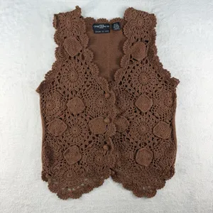 Vintage Hand Knitted OS Crochet Vest Boho‎ Cottage 90s Y2K Brown Earthy Hippie thumbnail 3