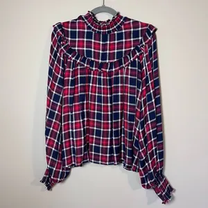 Free People Charlie Ruffle Plaid Smocked High Neck Top Holiday Red M thumbnail 2