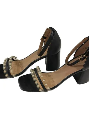 Comfort Sandals Black Faux Leather Pearl Embellished Block Heel Women’s 9W thumbnail 2