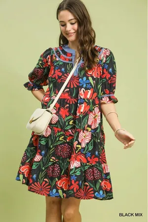 Umgee‎ Floral Tiered Puff Sleeve Dress - Black Mix - Small thumbnail 1