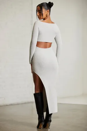 Oh Polly Long Sleeve Cut Out Maxi Dress in Grey thumbnail 2