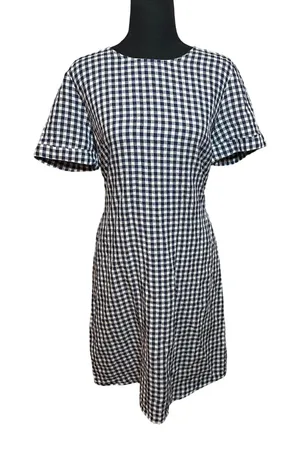 J.McLaughlin Navy Blue White Gingham Linen Cotton Tie Back Dress Size 6 Cottage thumbnail 1