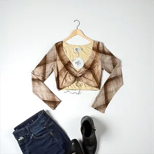 Princess Polly‎ Brown Plaid Long Sleeve Ruched Crop Top Size US 10 EU 42 thumbnail 3