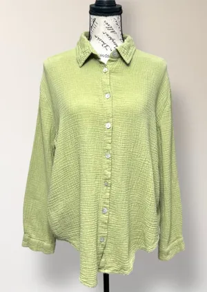 Princess Polly‎ Sage Green Gauze Cotton Oversized Button Down Coastal Boho Shirt thumbnail 1