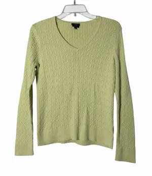 Talbots Lime Green Cable Knit V-Neck Sweater Long Sleeve Pullover Cozy Preppy M thumbnail 1