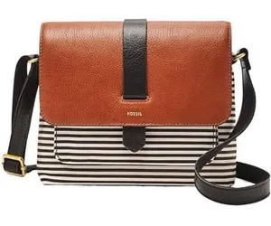 Fossil Kinley Crossbody Bag Womens Small Brown Striped Canvas Leather Flap Purse thumbnail 1