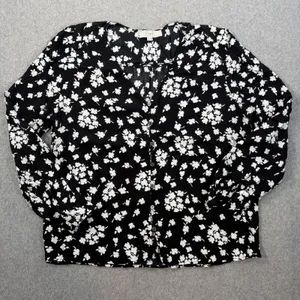 Ann Taylor LOFT Women's Large Black & White Floral Print V-Neck Button Front Blouse Top thumbnail 1