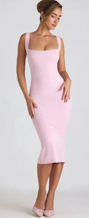 Oh Polly Navi Modal Lace-Trim Midaxi Dress in Soft Pink Size 2 New thumbnail 1