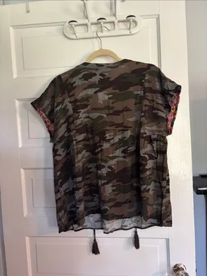 Floral Embroidered Camo Peasant Top - Green/Multicolor thumbnail 5