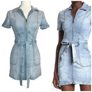Alice + Olivia Jeans Blue Denim‎ Mini Dress Size 2 Zipper Front Pockets Belted thumbnail 2