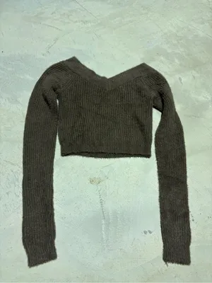 American Eagle NWT Brown Fuzzy Off-Shoulder Cropped Sweater SMALL MSRP$45 thumbnail 8