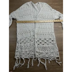 Hollister Cardigan Womens S Cream Crochet Open Knit Fringe Boho Cotton Duster thumbnail 7