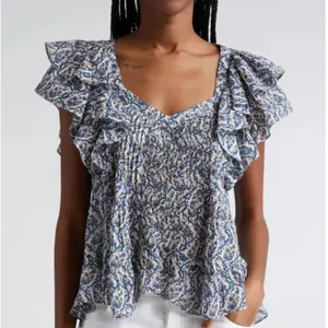 NWT ISABEL MARANT Etoile Madrana Print Flutter Sleeve Blouse Top - Blue White 4 thumbnail 1