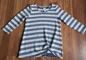 Sunday Striped Knit Pullover Top Navy Cream Twist Front 3/4 Sleeve Size M thumbnail 1
