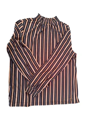 Anne Klein Striped Long Sleeve Top Large Black Tan White Elastic Neckline thumbnail 1