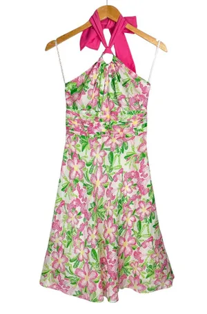 Lilly Pulitzer Floral Midi Dress Sz 2 Cotton Silk Blend Halter Neck Bow Tie Back thumbnail 1