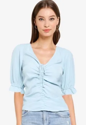 Abercrombie & Fitch Blue Short Sleeve Ruched Front Cropped Top Sz M‎ thumbnail 1