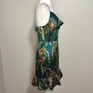 Satin Mini Slip Dress Green Ruffle Hem Cowl Neck Clubbing Party Glam Going Out M thumbnail 3