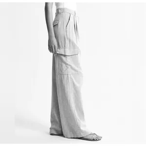 ✨Abercrombie & Fitch Linen-Blend Tailored Ultra Wide-Leg Cargo Sz S Green Pants✨ thumbnail 4