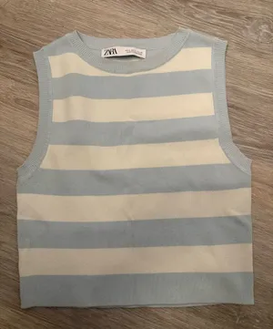 Zara Blue and Cream Striped Knit Tank Top M thumbnail 1