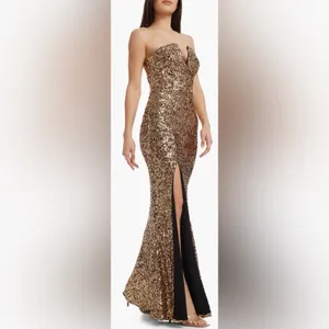 NEW Dress the Population Fernanda Gold Sequin Strapless Gown Sz L thumbnail 3
