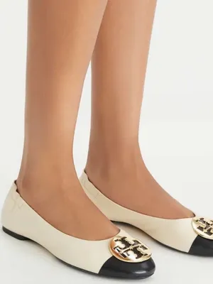 Tory Burch Claire Cap Top Leather Ballet Flats in New Cream/Black Size 9 Neutral thumbnail 1