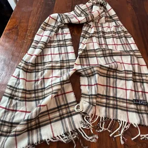 V. Fraas Cashmink Plaid Scarf Cream Tan Red Black Made in Germany‎ Unisex 64x12 thumbnail 1