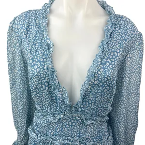 Blue White Floral Chiffon Ruffle Tiered Balloon Sleeve Mini Fit & Flare Dress XL thumbnail 4