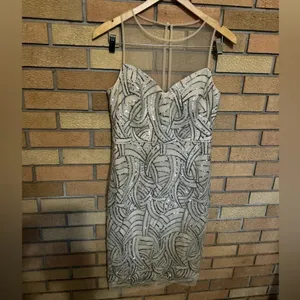 Vince Camuto Illusion Lace Yoke Sleeveless Champagne Sequin Sheath Dress Size 6 thumbnail 4