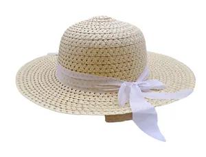 Tan Wide Floppy Brim Beach Garden Paper Straw Hat White Removable Bow Womens OSF thumbnail 1