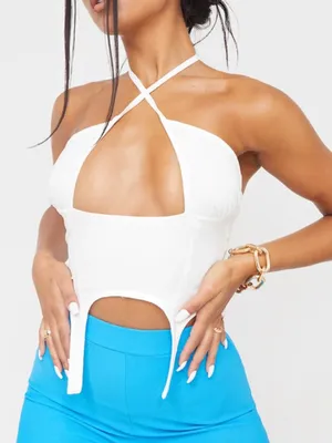 NEW NWT PRETTYLITTLETHING Woven Cross Front Cutout Stirrup Hem Top Cream Ivory 8 thumbnail 4