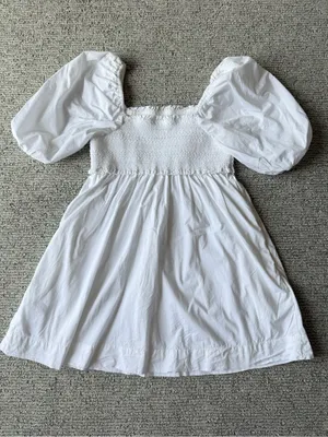 American Eagle Outfitters White Cotton Mini Puff Sleeve Smocked Ruffle Dress‎ S thumbnail 2