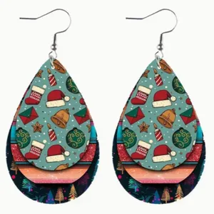 Set of 2 Christmas Teardrop Reversible PU Leather Hook Earrings, New! thumbnail 1