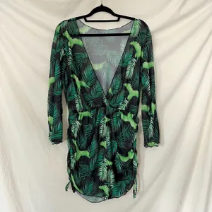 3 Piece Green Jungle Tropical Swim Set Bikini & Sheer Cover Up L thumbnail 2