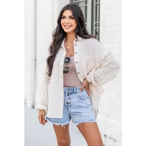 Pink Lily Keep Shining Cream Crochet Sleeve Gauze Sz Large Shacket thumbnail 2