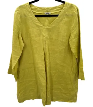 Tyler Boe Linen Tunic Top Women's Medium Citron Yellow V Neck 3/4‎ Sleeve thumbnail 1