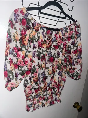 Floral Off-Shoulder Peasant Top - White with Pink & Green Floral Print Medium thumbnail 1