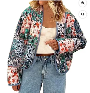 Quilted Floral Boho Cropped Jacket XL Blue thumbnail 1