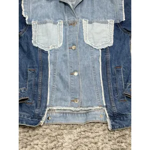 RD Style Womens Size XS Patchwork Denim Jacket Two Tone Blue Raw Hem Distressed thumbnail 5